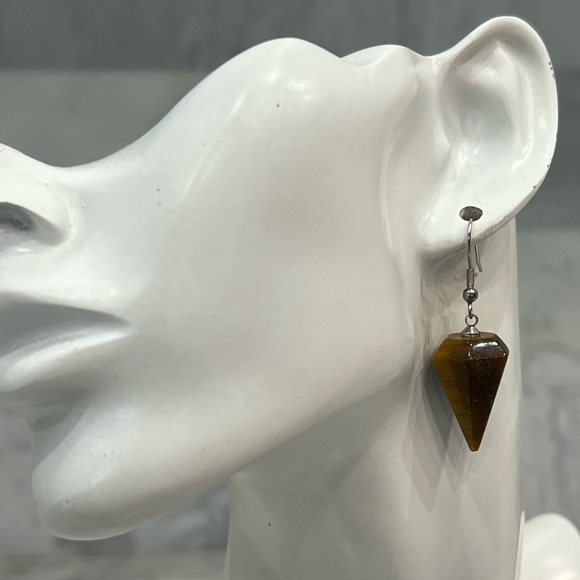 South African Tiger’s Eye Hexagonal Silver Drop Earrings - Picture 6 of 11